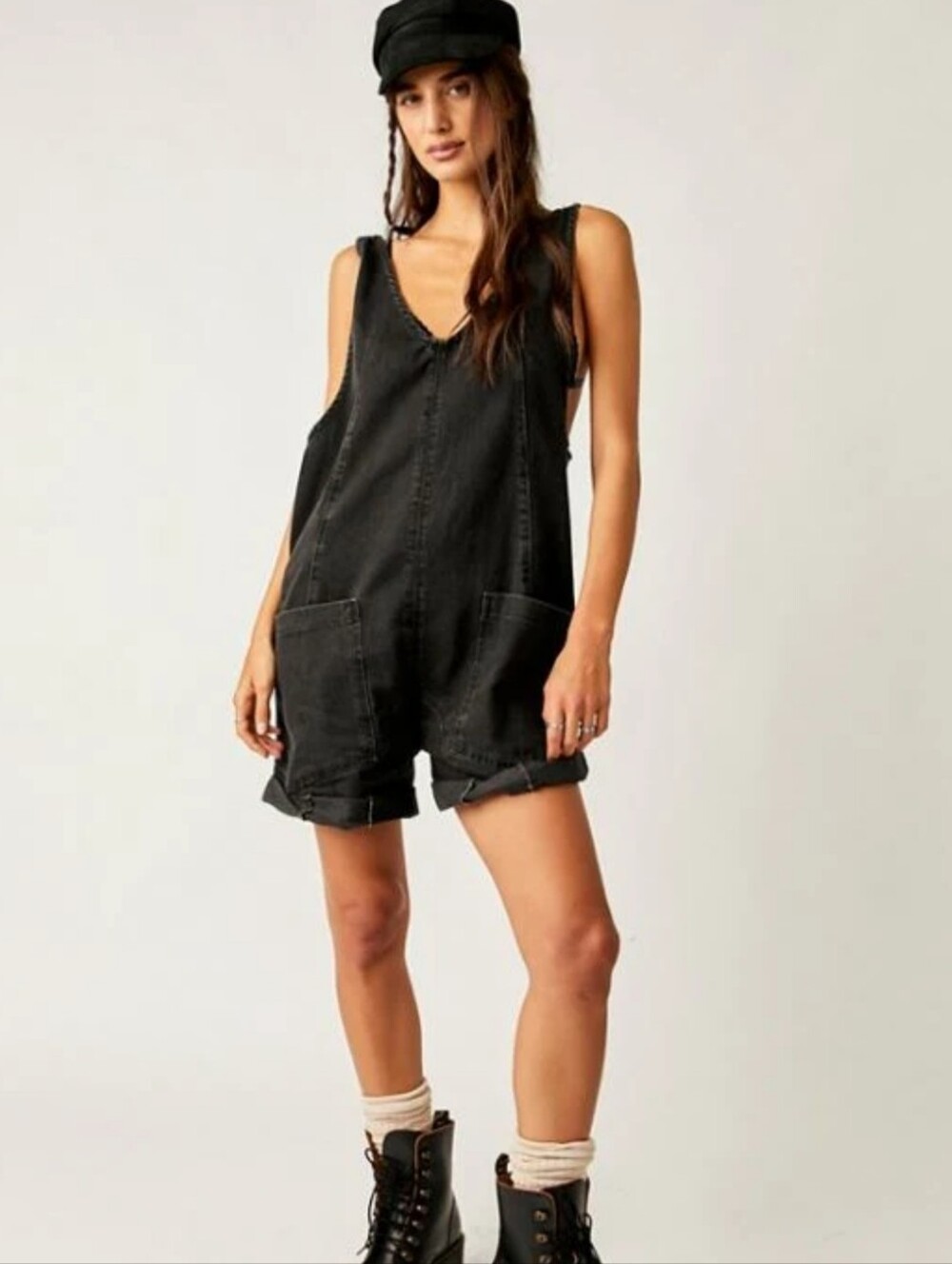 Free People We The Free High Roller Shortalls In True North (Black Denim)